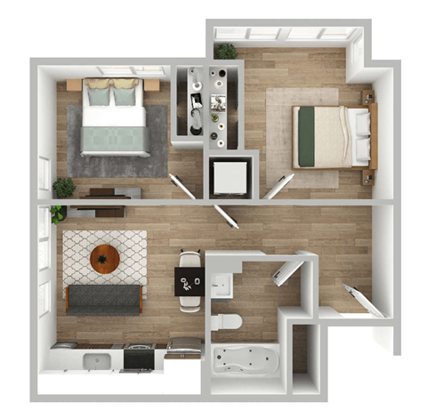 a 3d rendering of a bedroom with a living room and a bathroom